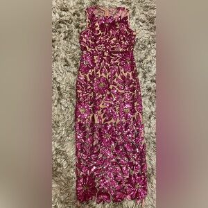 Kinsey Floral Garden Sequins dress by Milly, size 8, pink gold, beige undertone.